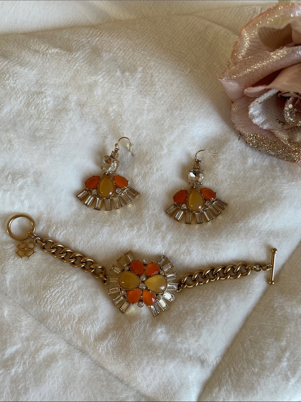 Ann Taylor Gold Bracelet and Earring Set with Orange & Yellow Gems Rhinestones
